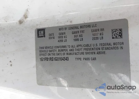 2016 Chevrolet Camaro 1Lt из США, поврежденный, VIN 1G1FB1RS1G0164343